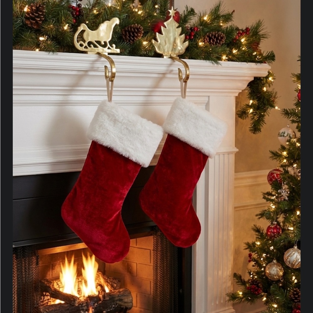 Set of 2 Polished Brass Christmas Mantle Stocking Holders - Sleigh & Star Tree